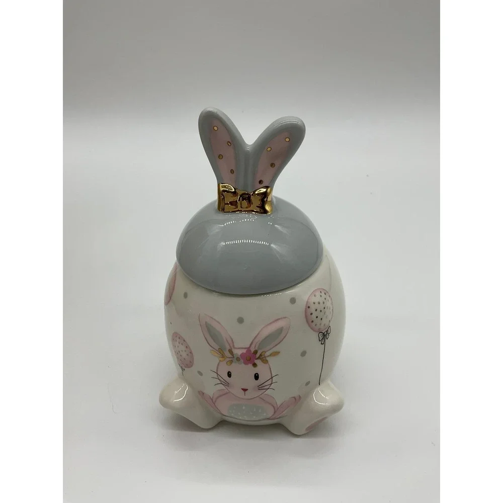 Ceramic‎ Storage Jar Easter Bunny Small White Grey Pink Gold Bow Decor